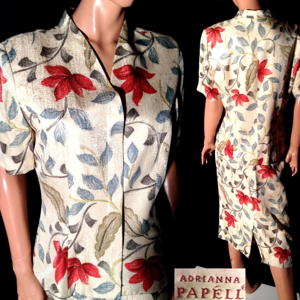 Vtg 90s Adrianna Papell Silk 2 pc Floral Bold Button Down Blouse/Skirt Set~10